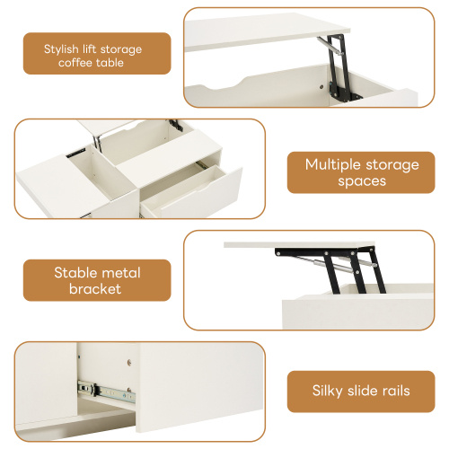 Lift Up Coffee Table, Coffee Table With Drawer, Wooden Tea Tables Sofa End Tables For Living Room Furniture , White - Image 4